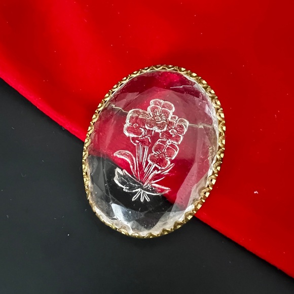 Vintage Glass Intaglio Circle Brooch Floral Pin Flower Brooch Jewelry - Picture 5 of 8